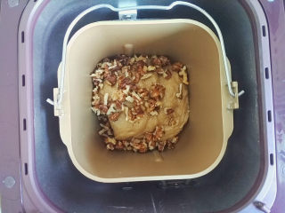 8、黑麦核桃红糖吐司,把核桃碎倒入，揉进面团了，混合均匀