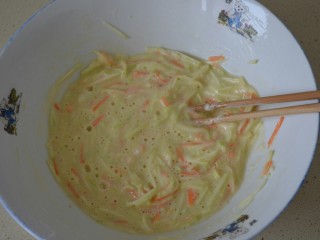 3、茭瓜鸡蛋饼,加入少量冷水，搅拌均匀，成面糊。