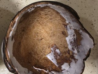 3、海南椰子鸡,用锤子砸裂椰壳，掰开两半。没有锤子用砍骨刀刀背也行，千万别用刀刃，除非你不想要刀了。用刀慢慢挖出椰肉，这个步奏比较麻烦。