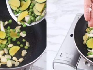 6、花5分钟，做一盘清爽瘦身不单调的炒菜，微笑对抗盛夏……,加入滤干水分的南瓜、豌豆、白玉菇，加一撮盐快炒一分钟即可。