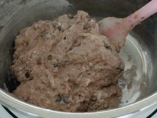 5、米歇尔可可面包,用刮刀搅拌至没有干粉。配方中液体量非常大,所以一定要用橡皮刮刀。
