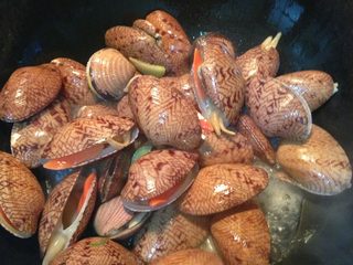 4、酱爆芒果贝,加入芒果贝翻炒至口微张；