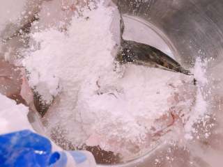 8、松鼠桂鱼,将切好的鱼放入盆中，倒入淀粉300g