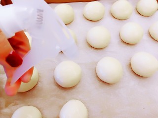 16、适合新手的一次性发酵酸奶小餐包,用噴壶从高处往做好的餐包胚上雾状喷水