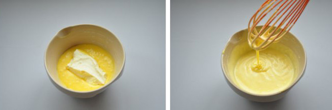 5、奥利奥杯子乳酪蛋糕 ,将A料的乳酪牛奶加入蛋黄糊中搅拌至顺滑