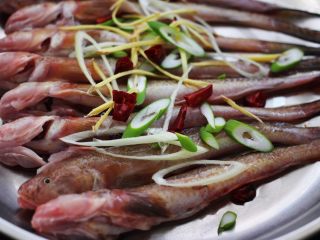 7、不加一滴油的清蒸海光鱼????,把葱姜丝和干辣椒撒在鱼身上
