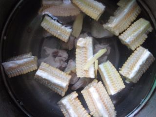 7、玉米排骨汤,把排骨和姜片、玉米放进锅里，倒入适量的开水，大火10分钟后改小火炖25分钟。