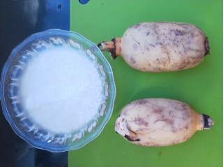 1、红糖糯米藕,准备所需食材。藕两节。藕不宜选太长的。煮的时候锅放不下。糯米大约80克