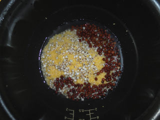 14、养生粥合集,将泡好的红豆和薏米、小米一起倒入电饭锅内