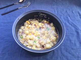 20、土豆腊肉焖饭,米饭添加适量水（刚刚没过米饭即可）全步骤几乎没有技术含量，唯独这步大家要注意水量添加，水添加多会影响焖饭的口感，水少则饭不熟。