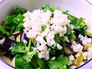 5、凉拌鱼香茄子,撒上香菜、蒜粒。