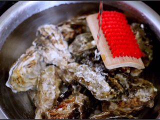4、辣根海蛎子#人民的美食#,用自来水冲洗、再用刷子一个一个刷洗干净