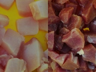 1、百里香杏鲍菇杂蔬肉丁,猪肉切丁洗净沥干，后腿肉中肥肉单独切出