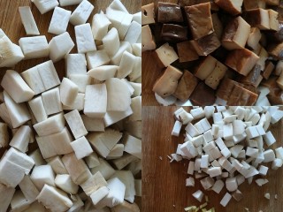 6、百里香杏鲍菇杂蔬肉丁,将杏鲍菇、豆腐干、萝卜、姜蒜切丁