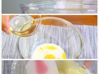 1、百香果慕斯蛋糕,打蛋盆倒入牛奶和玉米油,加入蛋黄筛入低筋面粉搅拌至无颗粒。