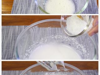 2、百香果慕斯蛋糕,蛋白中倒入柠檬汁,用低速打至粗泡加三分之一糖。这时改为高速蛋白打到微尖加第二次糖。第三次同时加入细砂糖。打到9成发不用打到过于干性。