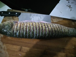 1、家庭版孜然烤鱼,草鱼洗干净，切成这样。注意别切太深也别太也别太浅，太深怕断了不好看，太浅了入味没那么好。然后再给鱼的全身均匀抹上盐鸡精还有料酒。腌制30分钟。
