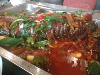 6、家庭版孜然烤鱼,这个时候鱼也差不多蒸好了，把刚刚做好的配菜均匀的淋在鱼上面，撒点香菜，大葱。