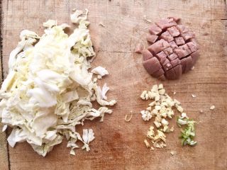 1、白菜肉丝炒饼,将白菜切好，葱姜蒜都切成末，肉丝切好。因为我懒得解冻冰箱里的肉，就用驴闷子代替了。我做的是一人量