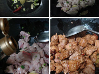 2、竹笋烧肉,底油炒香香叶、葱姜蒜、花椒、八角、干辣椒，放肉块炒变色