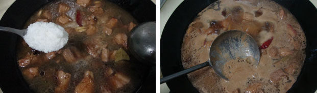 3、竹笋烧肉,加老抽、酱油炒上色，加热水、糖煮开去沫