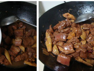 5、竹笋烧肉,加盐、鸡精调味收汁，淋入水淀粉勾芡