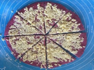 9、蒂凡尼的早餐,然后将椰蓉均匀的铺平在面团表面,并且用分面刀将面团均匀的分为8等分;