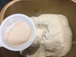 8、蔓越莓南瓜发糕,中间挖一个小洞放入耐高糖酵母，用面粉盖住。按揉面模式揉十分钟