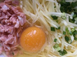 3、葱香培根土豆饼,打入鸡蛋，一丢丢盐就可以或者不放，因为培根本身就有咸味。