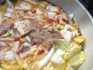 2、零基础家常炖菜之白菜粉条炖豆腐,依次放入白菜，粉条，然后放入几颗枸杞，十三香，食盐，味达美一勺，再放入一碗热水，