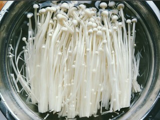 3、#咸味#＋猪肝拌金针菇,水中加盐，把金针菇泡一泡，目的是去除药水