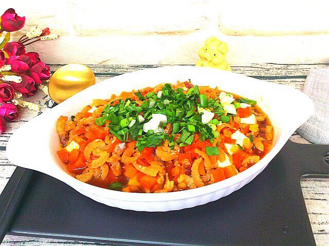 健康菜虾米胡萝卜蒸豆腐